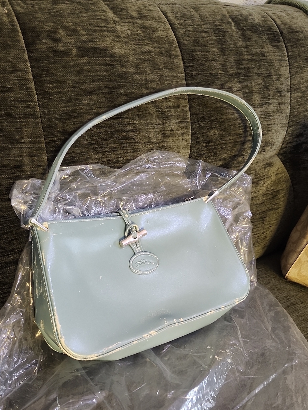 Longchamp RREHAB Light Blue Leather Shoulder Bag Peeling Throughout Exterior